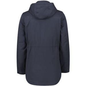 A women's jacket in navy blue with a hood and a slightly loose fit, featuring a logo on the back.