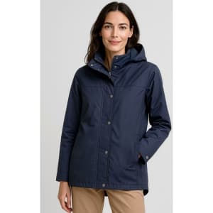 A navy women's jacket with a hood, featuring buttons, a relaxed fit, and a logo on the chest.