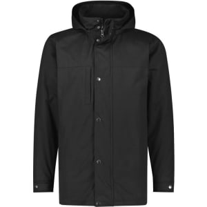 A black men's jacket with a hood, featuring a zip and button front closure, and a breast pocket.