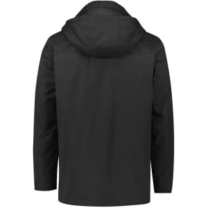 A men's jacket in black featuring a hood and a simple design. The back view showcases its casual style.