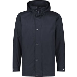 A men's Melbourne Comfort Jacket in dark navy with a hood and front buttons. The jacket has a logo on it.