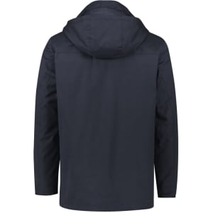 A dark navy men's jacket with a hood, featuring a minimalist design and a subtle logo on the back.