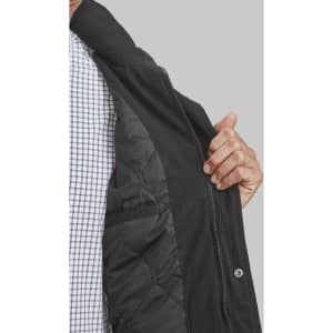A black jacket with a zip and quilted lining, partially opened to reveal the interior. It features a logo.