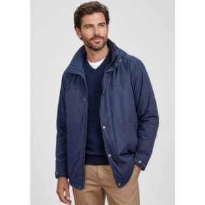 A navy men's comfort jacket with a hood, featuring a zip and snap button closure, and a logo.