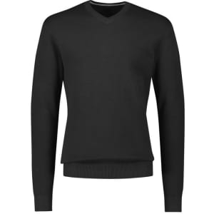 A black knitted jumper with a V-neck and long sleeves, featuring a fitted waist and subtle logo.