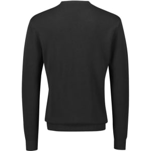 A black knitted jumper with long sleeves and a crew neck, featuring a smooth texture and a fitted silhouette.