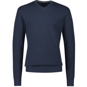 A navy knitted jumper featuring a V-neck design and long sleeves, complete with a branded logo.