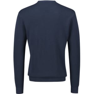 A navy blue knitted jumper with long sleeves and a crew neck, featuring a plain back design.