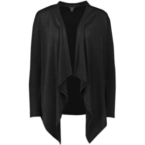 A black waterfall cardigan with an open front design and long sleeves, featuring a soft fabric texture.