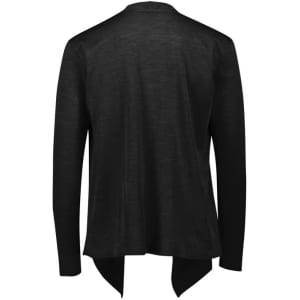 A black women's Sofia waterfall cardigan with a flowing back design and fitted long sleeves.