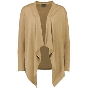A lightweight, beige waterfall cardigan with an open front and long sleeves, featuring a simple design and branding.