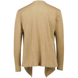 A lightweight, waterfall cardigan in a soft beige colour, featuring a stylish asymmetrical hem and long sleeves.