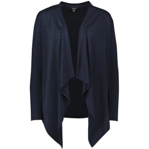 A navy blue women's waterfall cardigan featuring an open front and long sleeves, with a subtle texture.