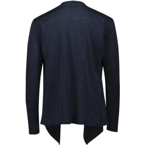 A women's navy waterfall cardigan featuring long sleeves and an open front design. It has a logo detail.