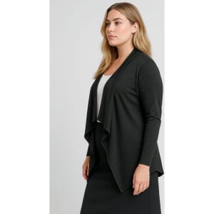 A black waterfall cardigan with a draped front, featuring long sleeves and a relaxed fit. It has a simple design with no visible logos.
