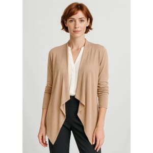 A women's waterfall cardigan in a soft beige colour, featuring a draped front and long sleeves, with a logo present.