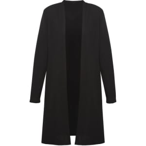 A black longline cardigan with an open front and long sleeves, featuring a subtle logo.