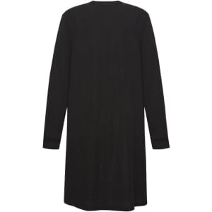 A longline cardigan in black, featuring long sleeves and a simple design, with a branding logo.