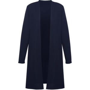 A longline cardigan in navy blue with an open front and long sleeves. It features a logo.