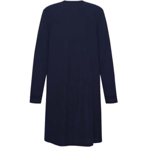 A navy longline cardigan with long sleeves and a straight cut back view. It features a logo.