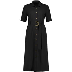 A black midi dress with short sleeves, button-down front, and a belt featuring a gold buckle. It has a logo present.