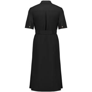 A black midi dress with short sleeves, a belted waist, and a buttoned back. Features a logo.