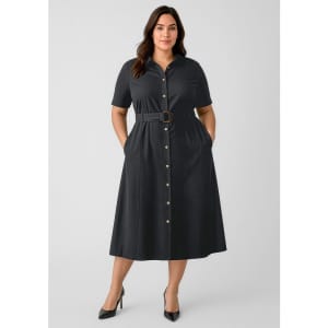 A women's midi dress in dark grey with short sleeves, a button-down front, and a belted waist. Features a logo.