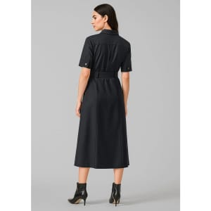 A black midi dress with short sleeves and a belted waist, featuring a simple design and minimal branding.
