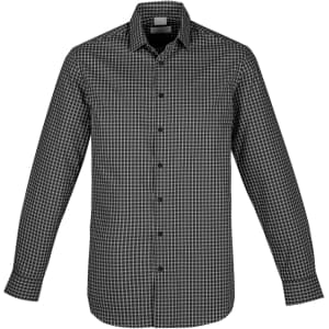 A black and white checked long sleeve button-up shirt featuring a collar and a logo.
