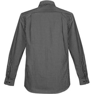A long sleeve button-up shirt in a black and white check pattern, featuring a collar and logo.