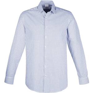 A men's long sleeve button-up shirt featuring a blue and white checked pattern with a logo on the chest.