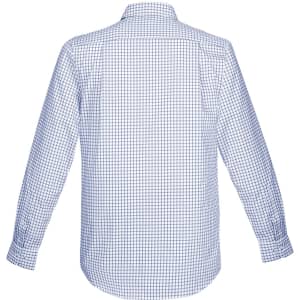 A men's long sleeve button-up shirt featuring a blue and white checkered pattern, with a back view.