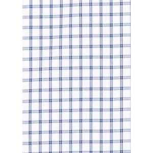 A button-up shirt featuring a blue and white checkered pattern with a logo.