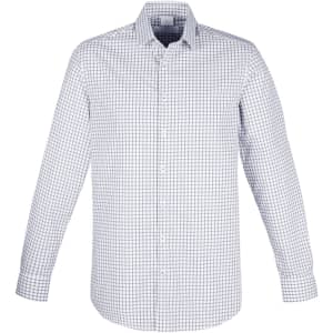 A button-up men's long sleeve shirt featuring a grey and white check pattern, with a collar and button front.