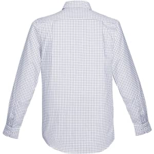 A long-sleeve button-up shirt in a blue and white check pattern, featuring a collar and a logo.