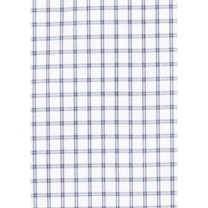 A white long sleeve shirt featuring a navy blue checked pattern, with a logo on the label.
