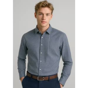 A long sleeve button-up shirt in navy blue and white check pattern, featuring a collar and buttons.