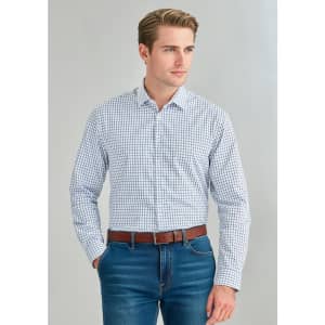 A long sleeve button-up shirt featuring a navy and white check pattern, paired with denim jeans and a brown belt.