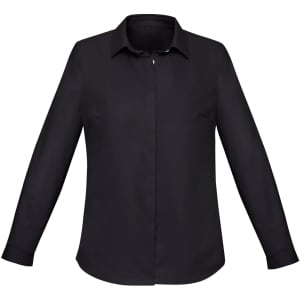 A black long sleeve button-up shirt for women with a collar and a front placket. Includes a logo.