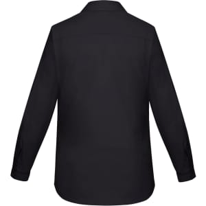 A black women's long sleeve button-up shirt with a classic collar and a plain back design.