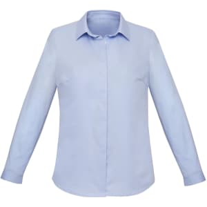 A light blue women's long sleeve button-up shirt with a classic collar and a subtle logo.