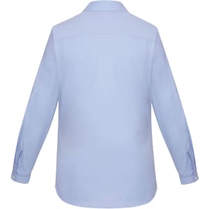 A light blue women's long sleeve button-up shirt with a collar and a back yoke. The shirt has a logo on it.