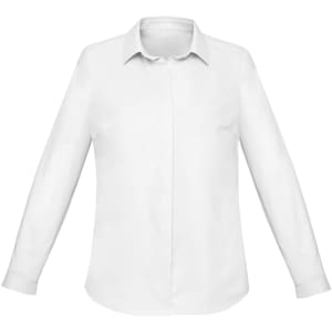 A white long sleeve button-up shirt for women. It features a classic collar and has a logo on it.