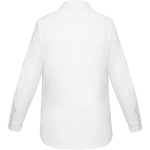 A white long sleeve button-up shirt with a collar and tailored fit, featuring a logo on the back.