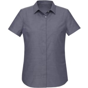 A women's short sleeve button-up shirt in a dark grey colour, featuring a classic collar and a logo.
