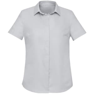 A short sleeve button-up shirt in a light grey colour with a collar and a logo.