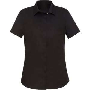 A black short sleeve button-up shirt with a classic collar and a sleek design. It features a logo on the front.