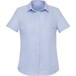 A light blue women's short sleeve button-up shirt featuring a classic collar and a logo.