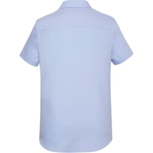 A light blue women's short sleeve shirt with a button-up design and a collar. Features a logo.