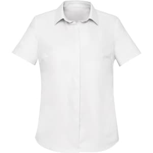 A white short sleeve button-up shirt for women featuring a classic collar and a logo on the breast.